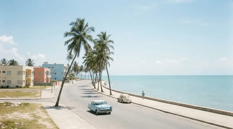 A quiet 1960s Recife beachfront avenue with palms, vintage cars, and a lone figure walking by the sea, evoking the Brazil of Sartre and Beauvoir's 1960 visit.