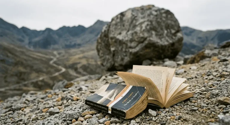 Albert Camus's The Myth of Sisyphus, Penguin Classics edition, open on a rocky mountainside with a boulder in the background