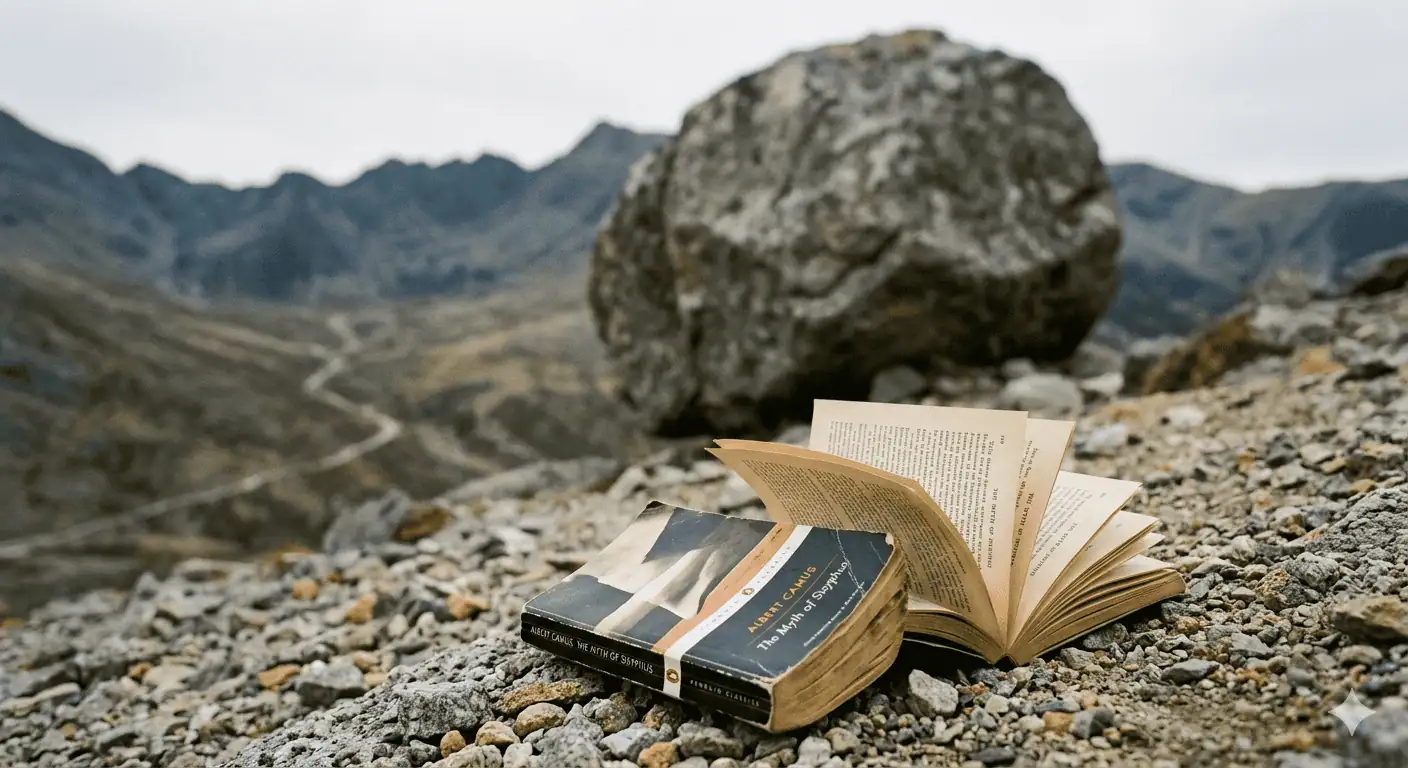 Albert Camus's The Myth of Sisyphus, Penguin Classics edition, open on a rocky mountainside with a boulder in the background