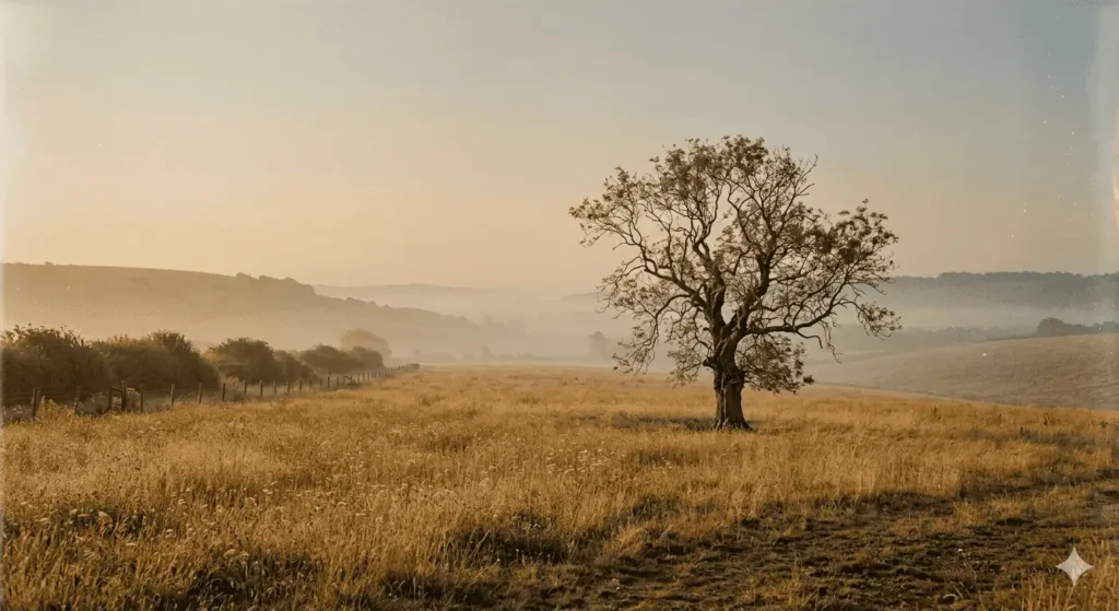 A solitary ancient tree in a golden misty field &mdash; featured image for the 10th Grade Reading List