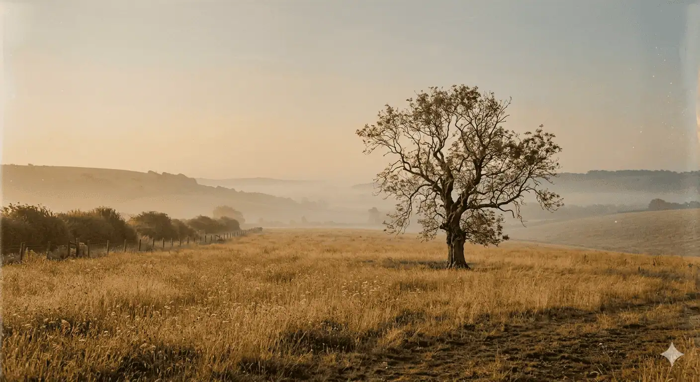 A solitary ancient tree in a golden misty field &mdash; featured image for the 10th Grade Reading List