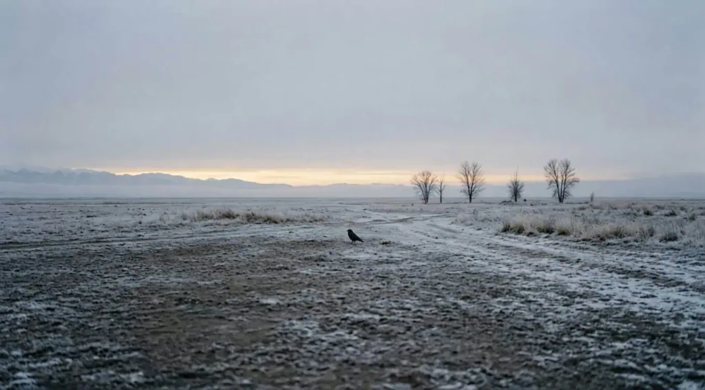 A lone crow on a bare, frost-hardened winter plain at dawn under a cold pale sky, a solitary living thing in an empty landscape, evoking the existential themes explored after Camus.