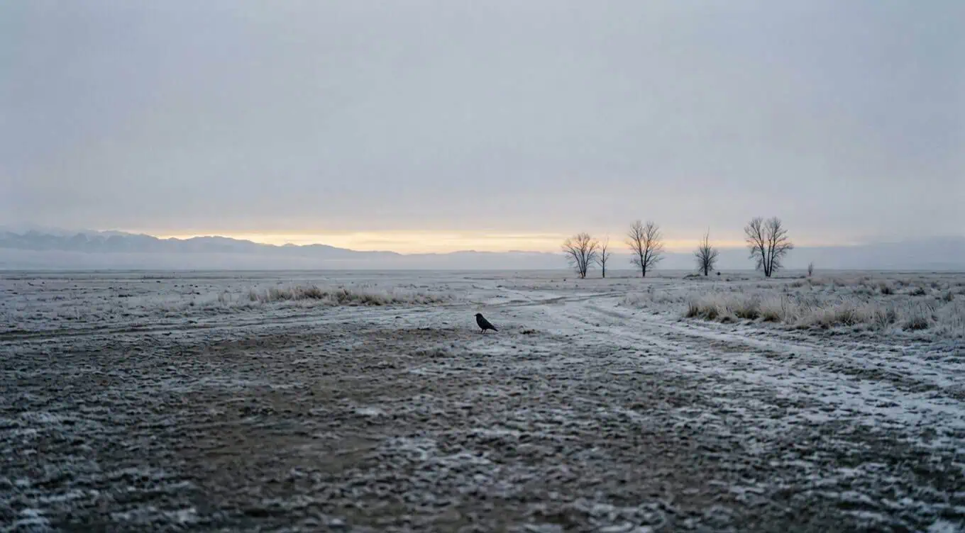 A lone crow on a bare, frost-hardened winter plain at dawn under a cold pale sky, a solitary living thing in an empty landscape, evoking the existential themes explored after Camus.