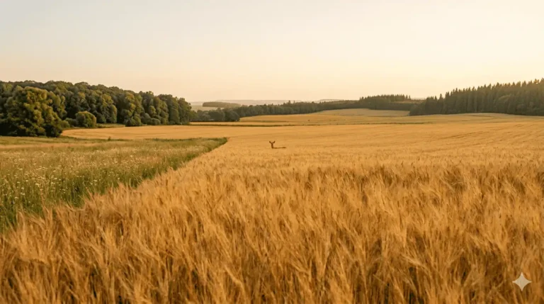 A lone deer standing in a sunlit golden barley field at golden hour, bordered by green woodland and rolling hills under a soft summer sky.