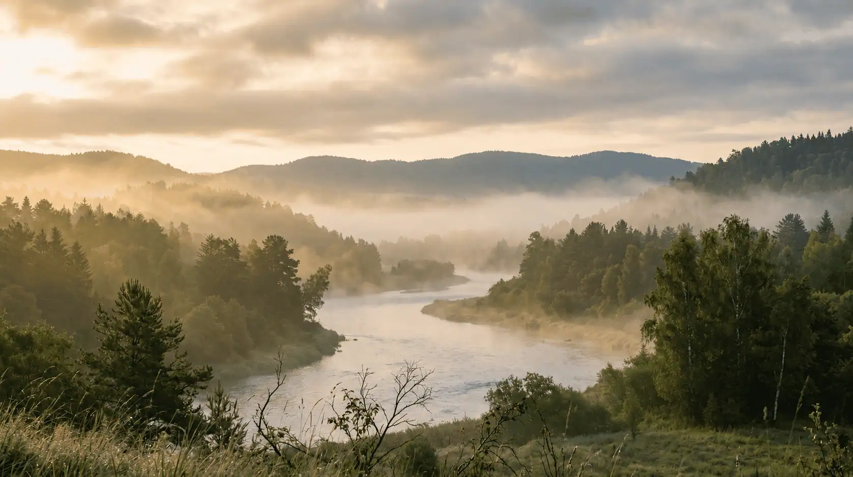 A river winding through misty forested hills at dawn, evoking a global guide to award-winning books.