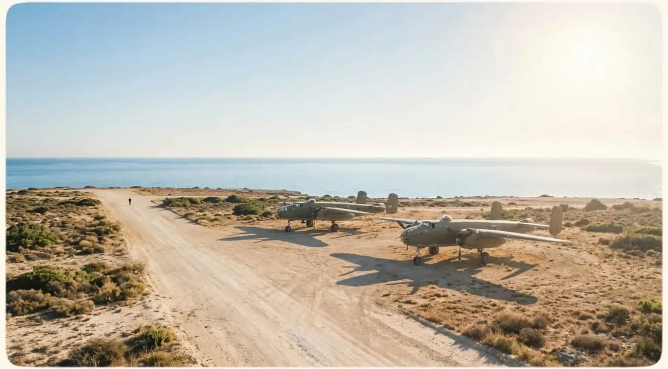 WWII B-25 bombers at rest on a sun-bleached Mediterranean island airstrip at morning, a lone airman tiny beside them, evoking the world of Catch-22 and its meaning.