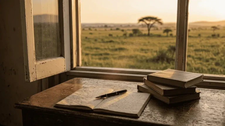 A writer's desk with pen and books by a window opening onto an African savanna at dawn, evoking Chinua Achebe and the founding of modern African literature.
