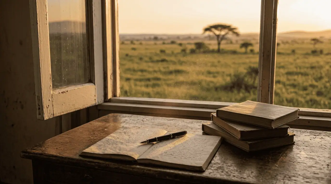 A writer's desk with pen and books by a window opening onto an African savanna at dawn, evoking Chinua Achebe and the founding of modern African literature.