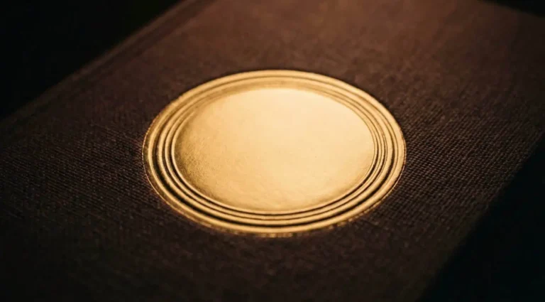 Close-up of a circular Puliitzer Prize embossed gold foil medallion pressed into the dark linen cover of a book.