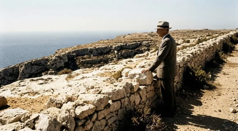 A solitary figure standing at a low stone wall on a sun-scorched Mediterranean plateau, his hand on the boundary at the edge of a drop, evoking the rebellion with limits at the heart of Camus's The Rebel.