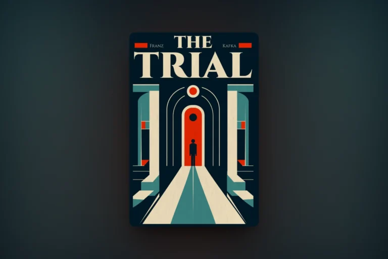 Stylized geometric book-cover illustration for The Trial by Franz Kafka, showing a small silhouetted figure at the end of a receding corridor of arches before a glowing red doorway, evoking the unreachable Court and the Law at the heart of the novel.
