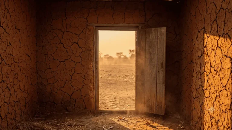 A weathered open doorway in a red-earth Igbo compound wall at dusk, evoking Things Fall Apart and a world on the edge of collapse.