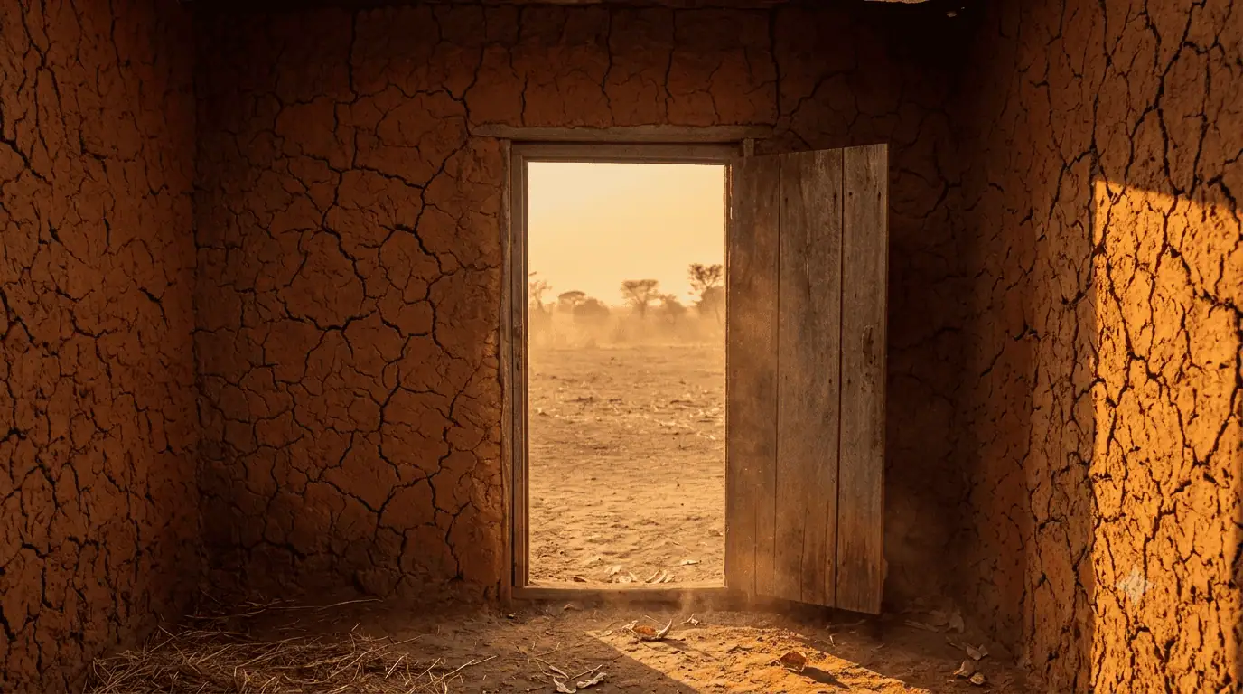 A weathered open doorway in a red-earth Igbo compound wall at dusk, evoking Things Fall Apart and a world on the edge of collapse.