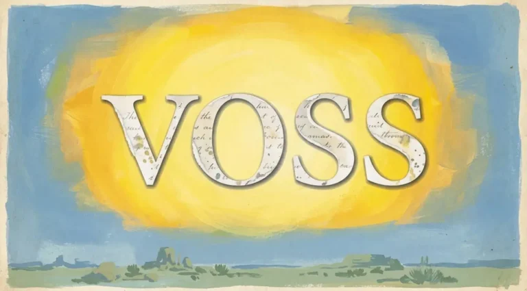 Patrick White's Voss rendered as a mid-century painted book cover, the title in torn-paper letters filled with faint handwriting against a swirling yellow sun over a blue sky and a pale desert horizon.