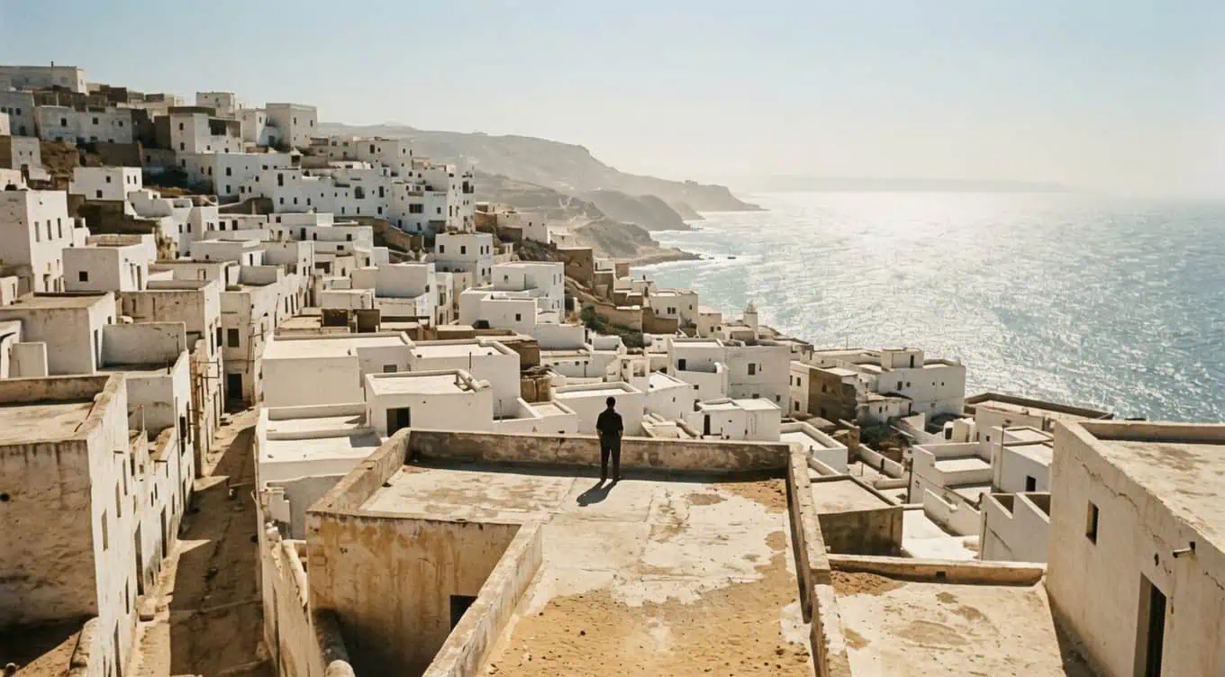 A solitary figure on a sun-bleached terrace above the Mediterranean in a white Algerian town, evoking the radiant indifference of the universe at the heart of Camus's absurd.