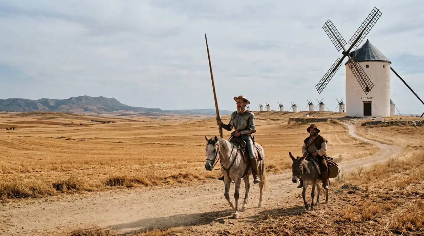 A knight and squire crossing the windmill-dotted plains of La Mancha, evoking the best Spanish-language novels.